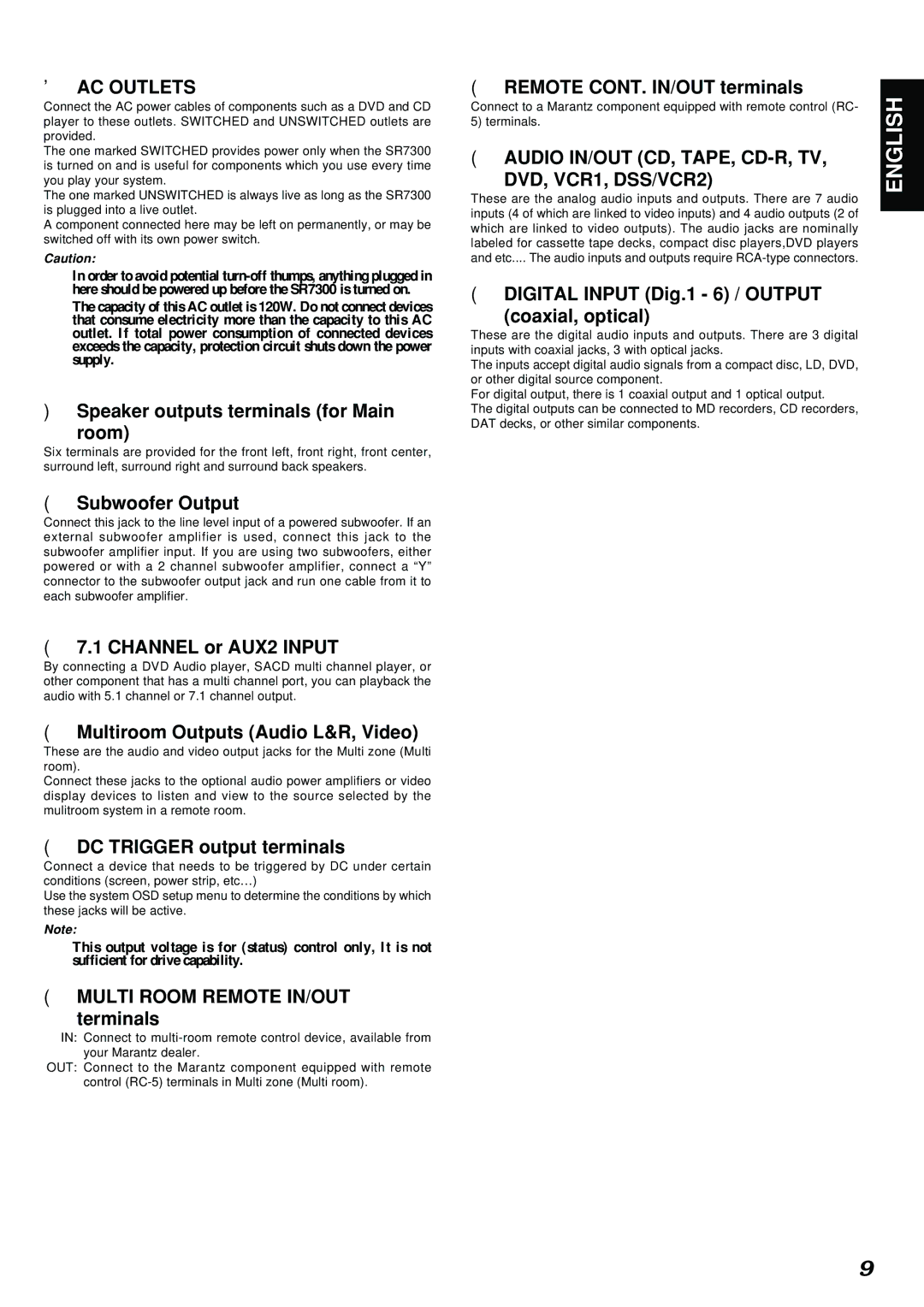 Marantz SR7300 manual AC Outlets, ⁄6AUDIO IN/OUT CD, TAPE, CD-R, TV DVD, VCR1, DSS/VCR2 