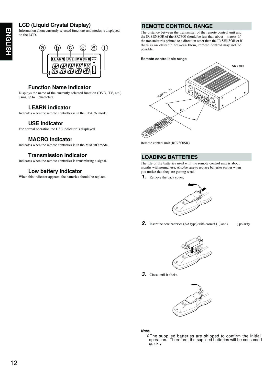 Marantz SR7300 manual Remote Control Range, Loading Batteries 