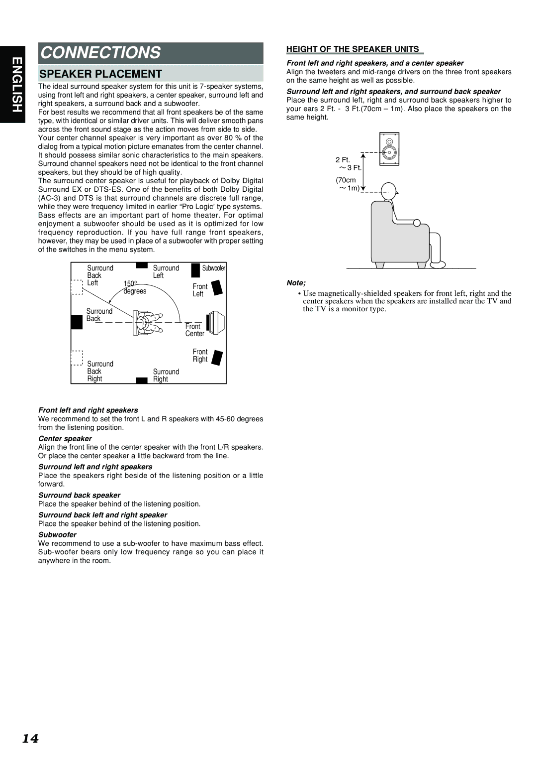 Marantz SR7300 manual Connections, Speaker Placement, Height of the Speaker Units 