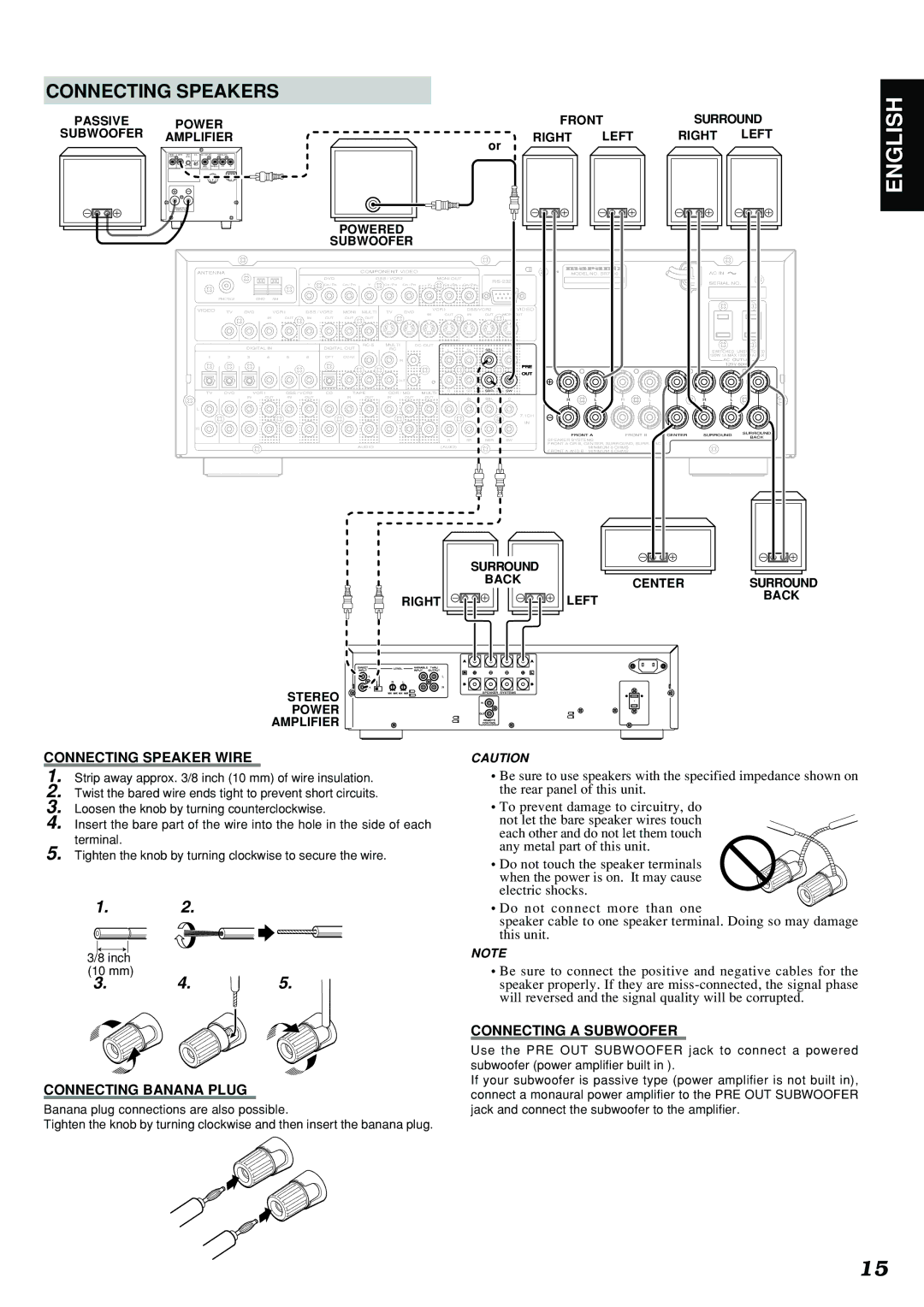 Marantz SR7300 manual Connecting Speakers, Connecting Speaker Wire, Connecting Banana Plug, Connecting a Subwoofer 