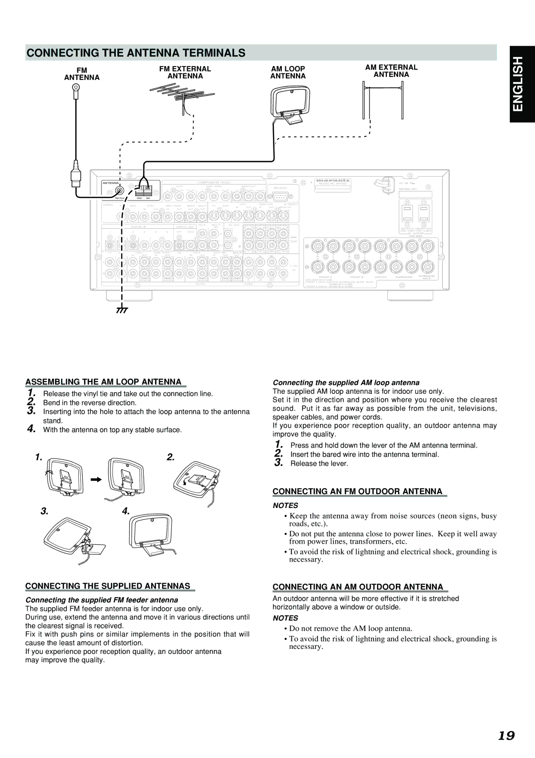 Marantz SR7300 manual Connecting the Antenna Terminals, Assembling the AM Loop Antenna, Connecting the Supplied Antennas 