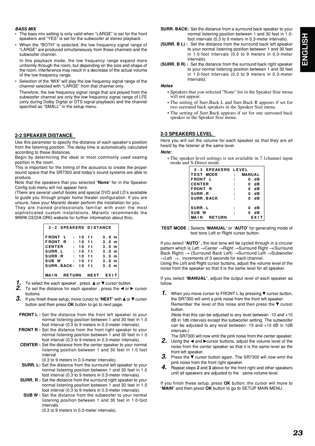 Marantz SR7300 manual Speaker Distance, Speakers Level 