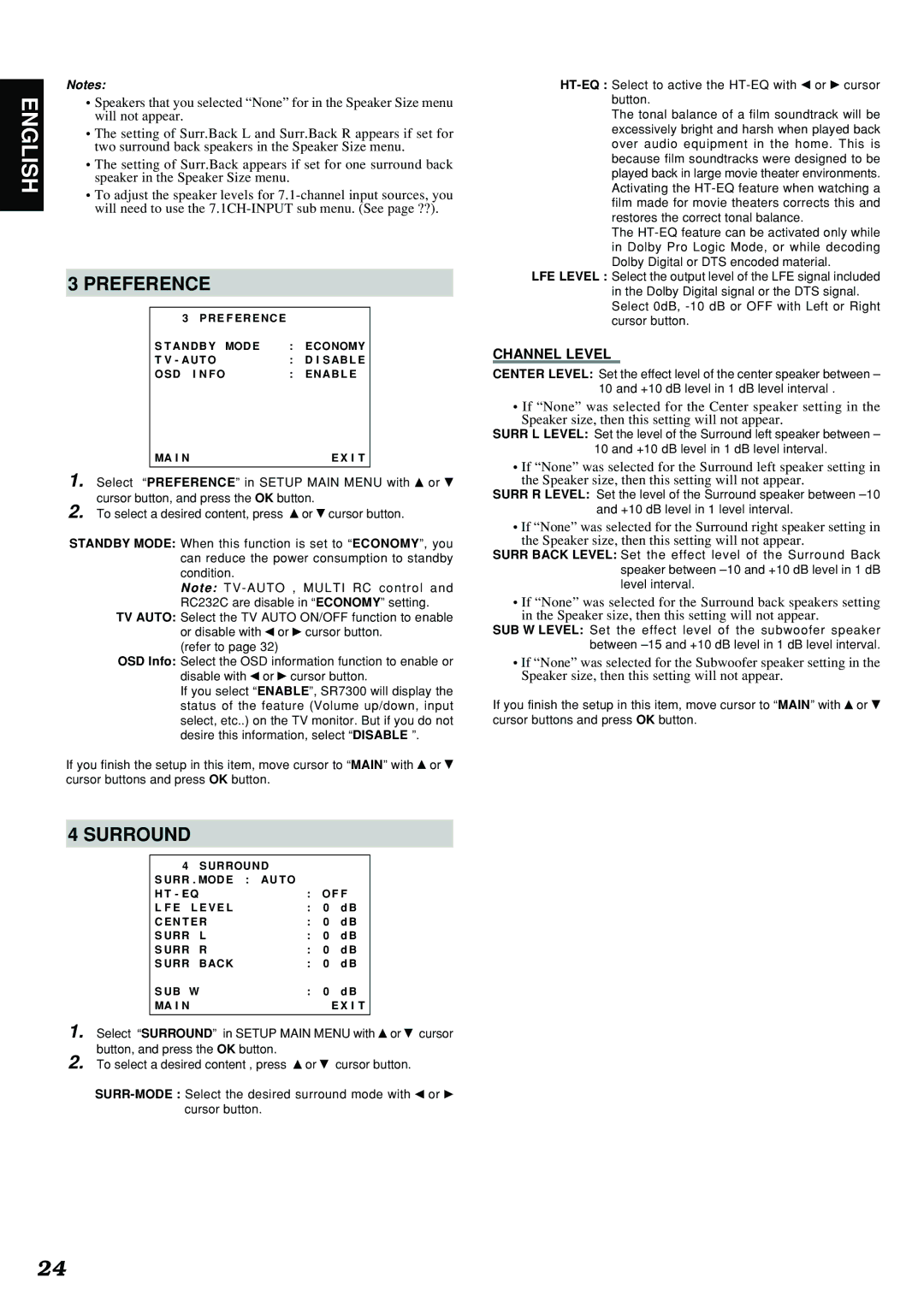 Marantz SR7300 manual Preference, Channel Level, Select Surround in Setup Main Menu with or 