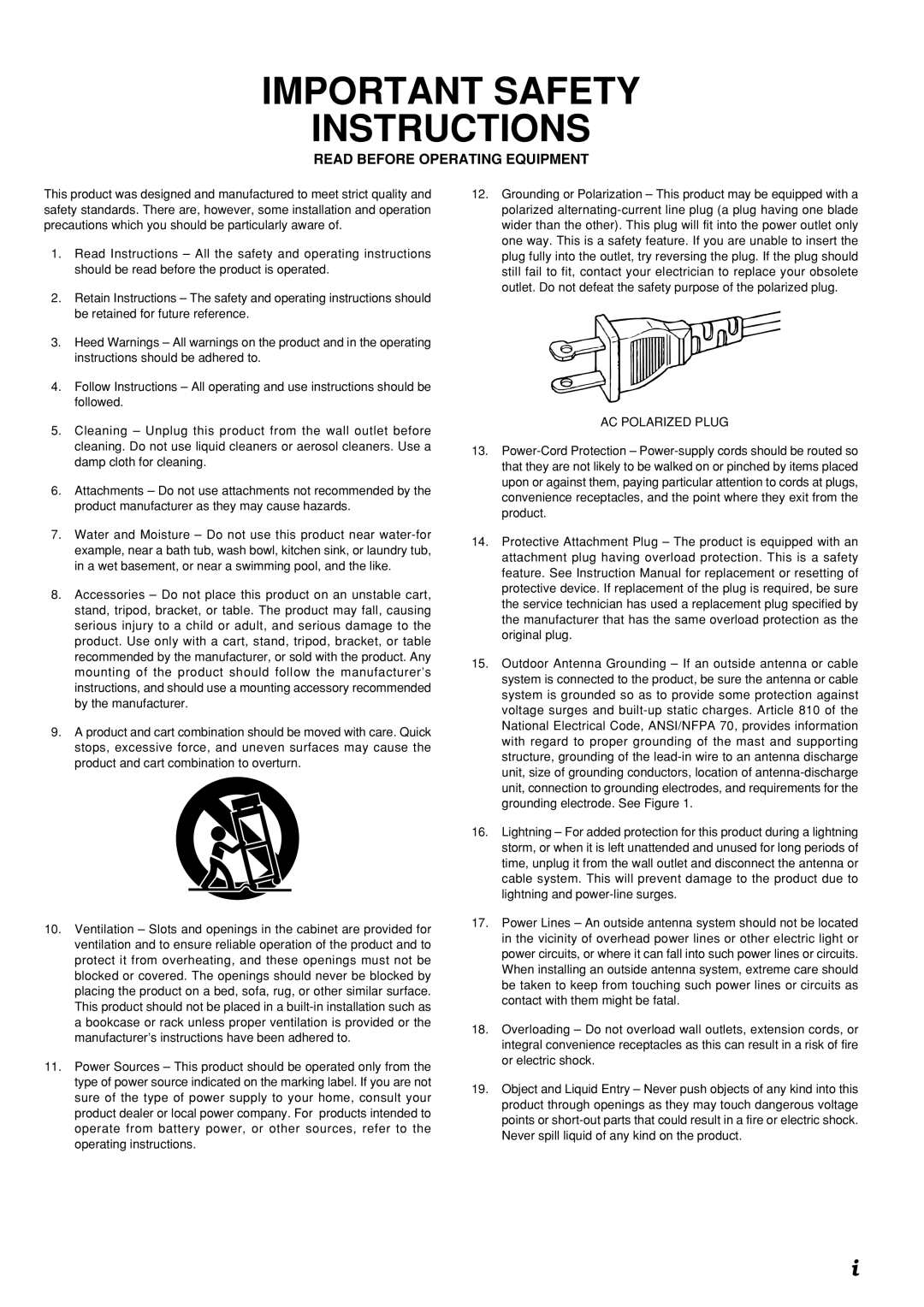 Marantz SR7300 manual Read Before Operating Equipment, AC Polarized Plug 