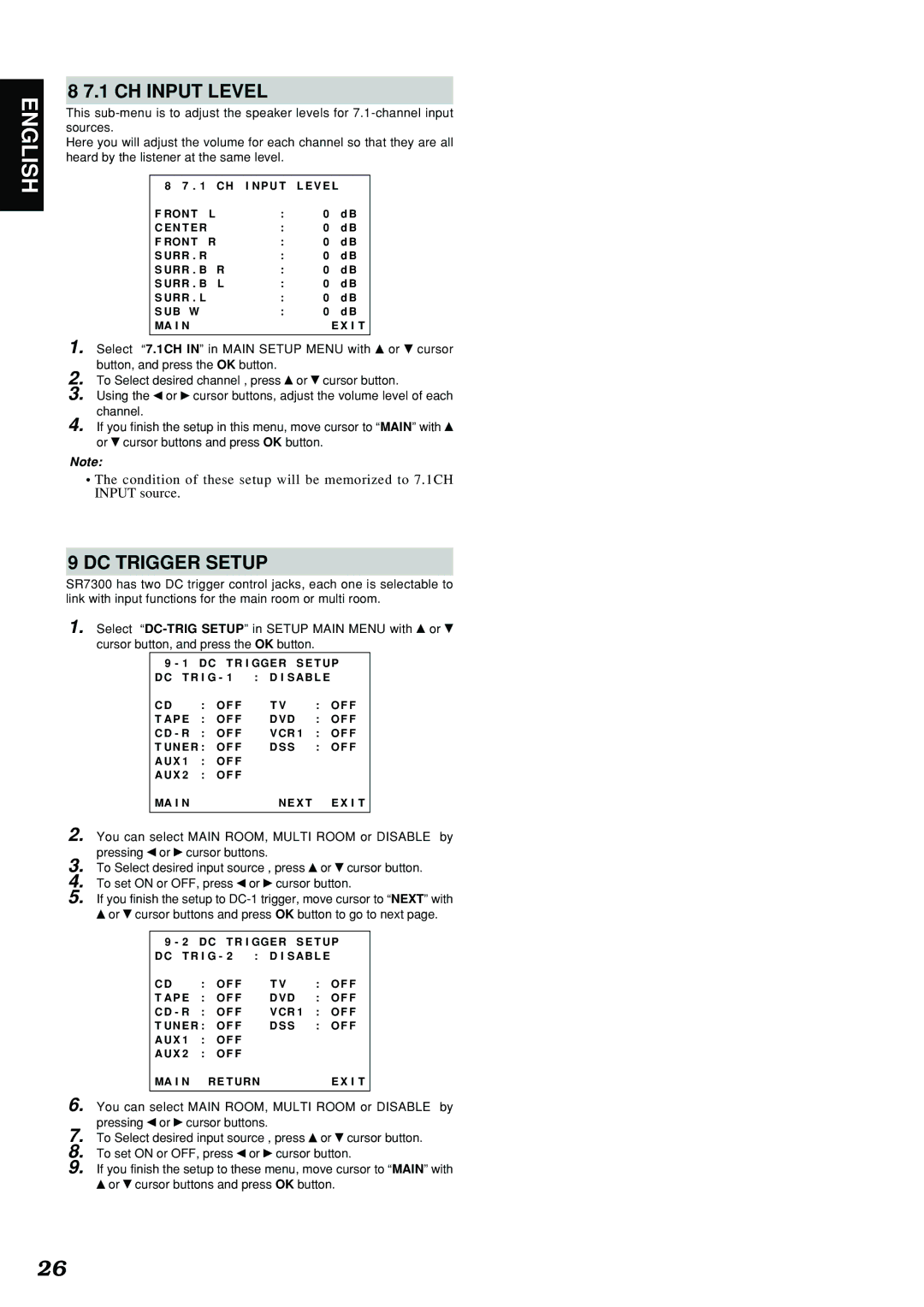 Marantz SR7300 manual CH Input Level, DC Trigger Setup, Select DC-TRIG Setup in Setup Main Menu with or 