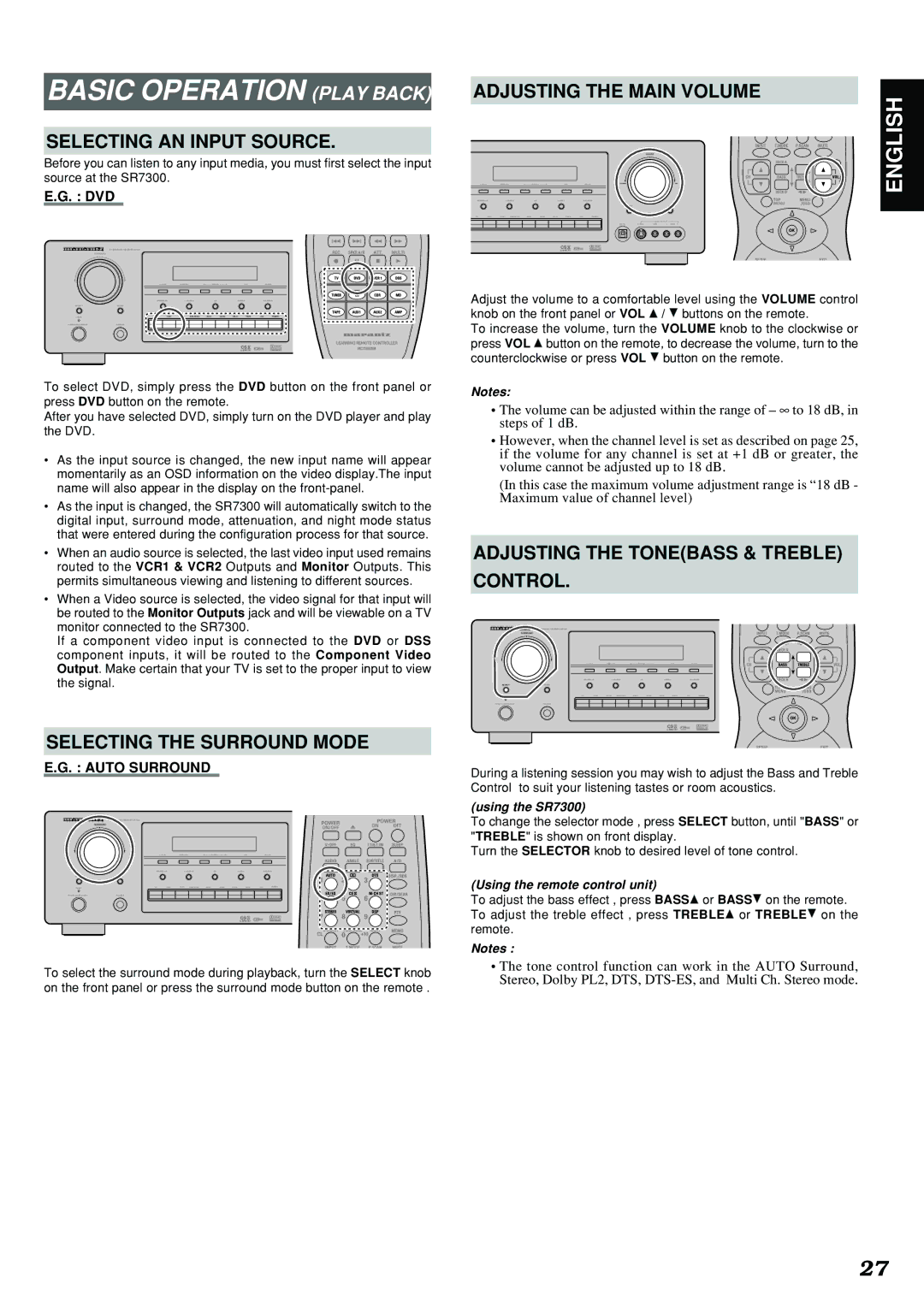 Marantz SR7300 manual Basic Operation Play Back, Selecting AN Input Source, Selecting the Surround Mode 