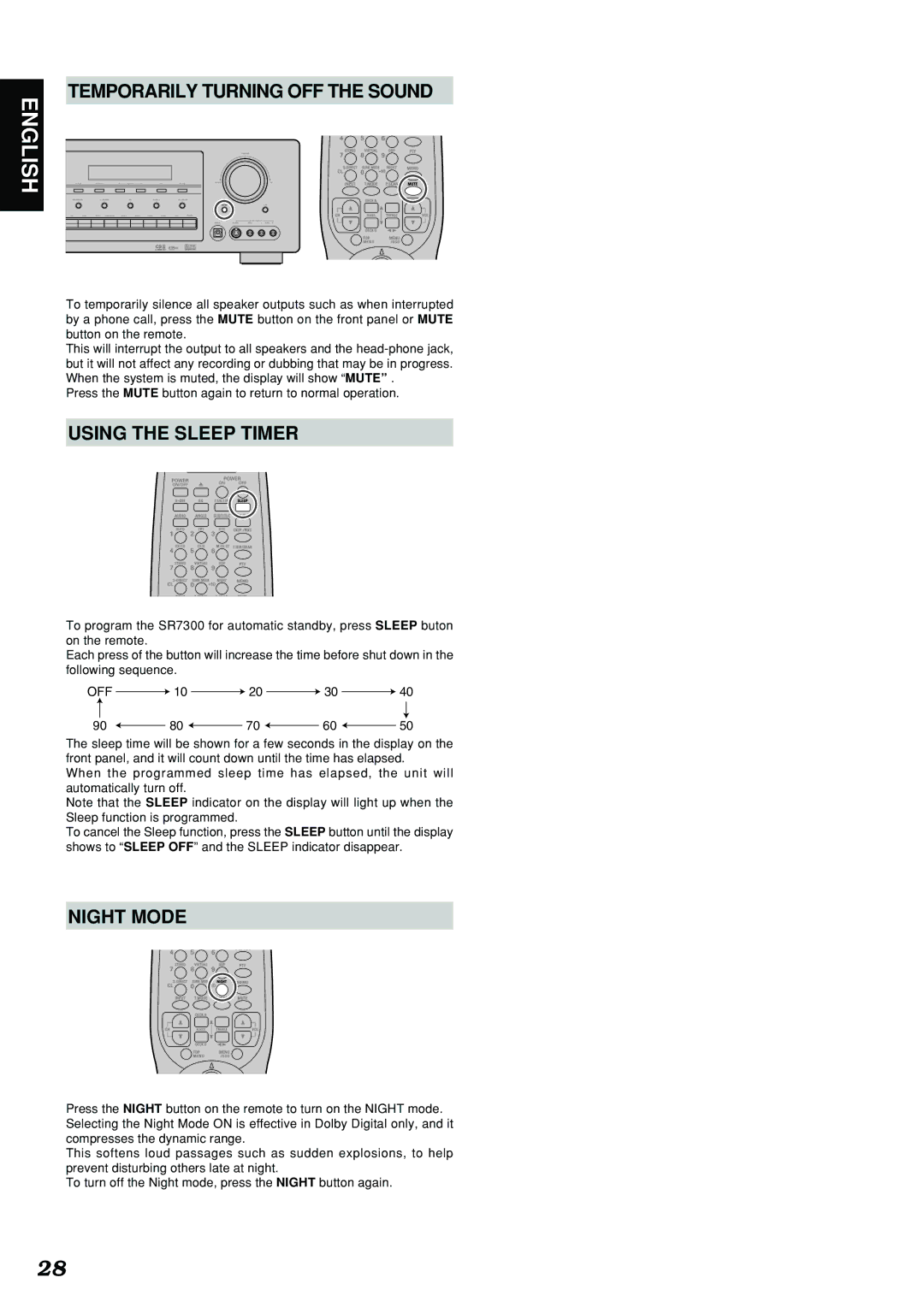 Marantz SR7300 manual Temporarily Turning OFF the Sound, Using the Sleep Timer, Night Mode 