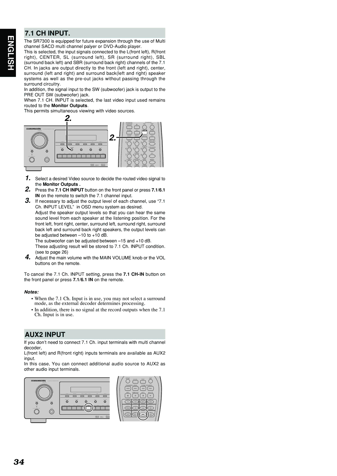 Marantz SR7300 manual CH Input, AUX2 Input 