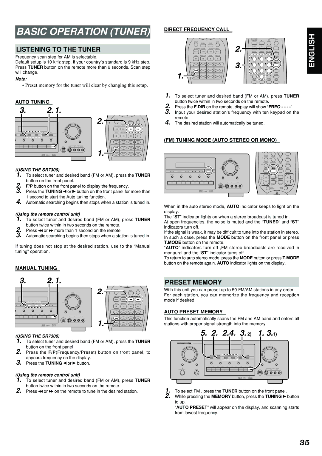 Marantz SR7300 manual Basic Operation Tuner, Listening to the Tuner, Preset Memory 