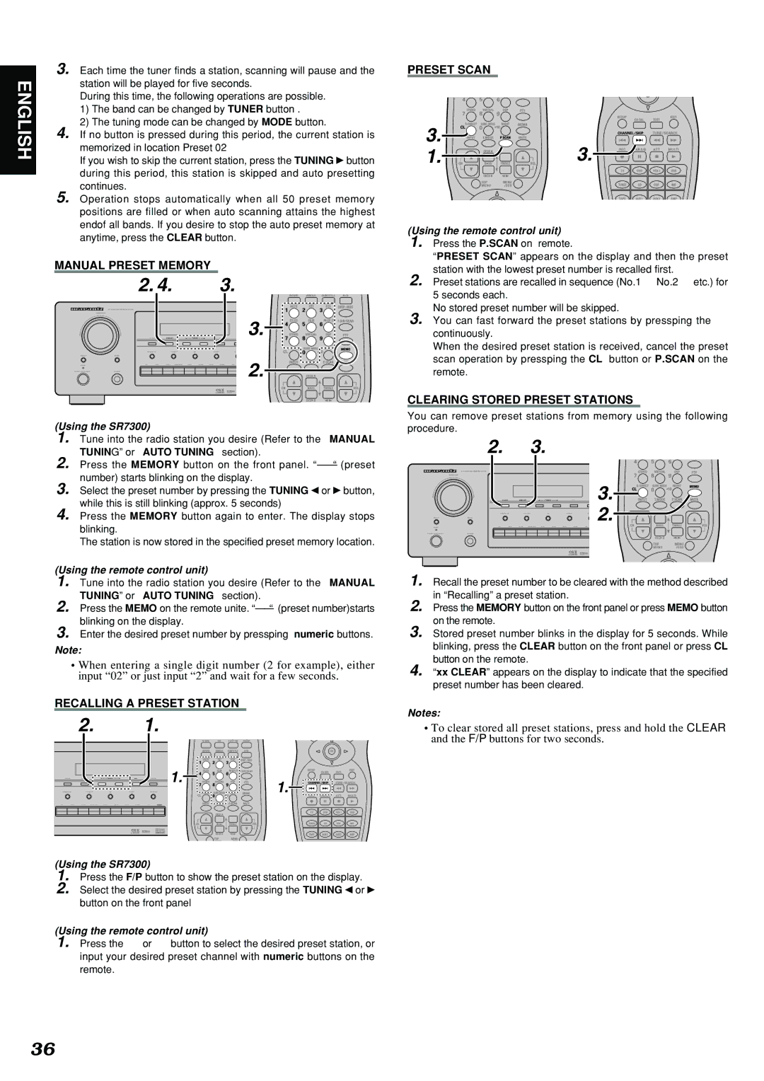 Marantz SR7300 manual Manual Preset Memory, Recalling a Preset Station Preset Scan, Clearing Stored Preset Stations 