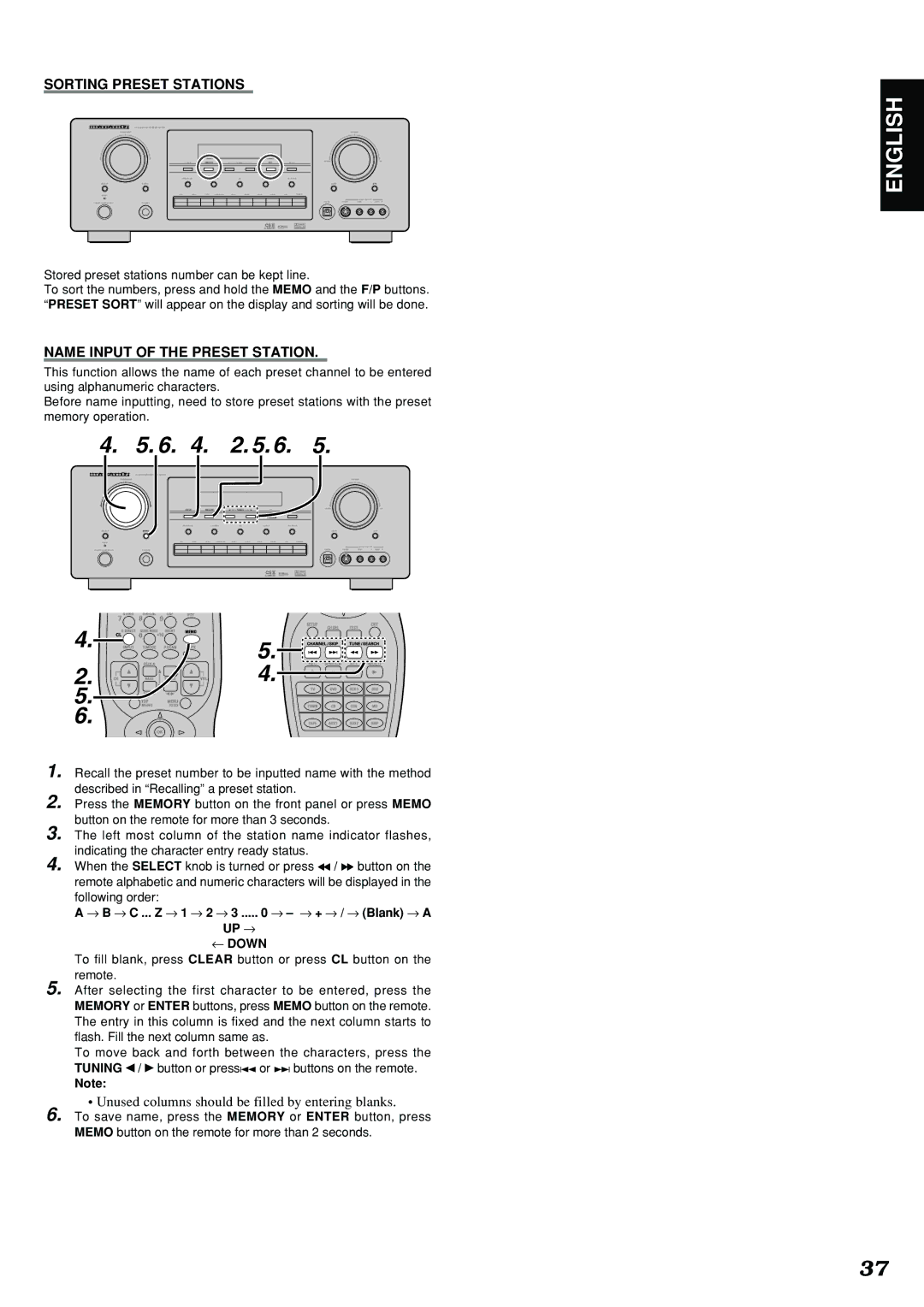 Marantz SR7300 manual Sorting Preset Stations, Name Input of the Preset Station 