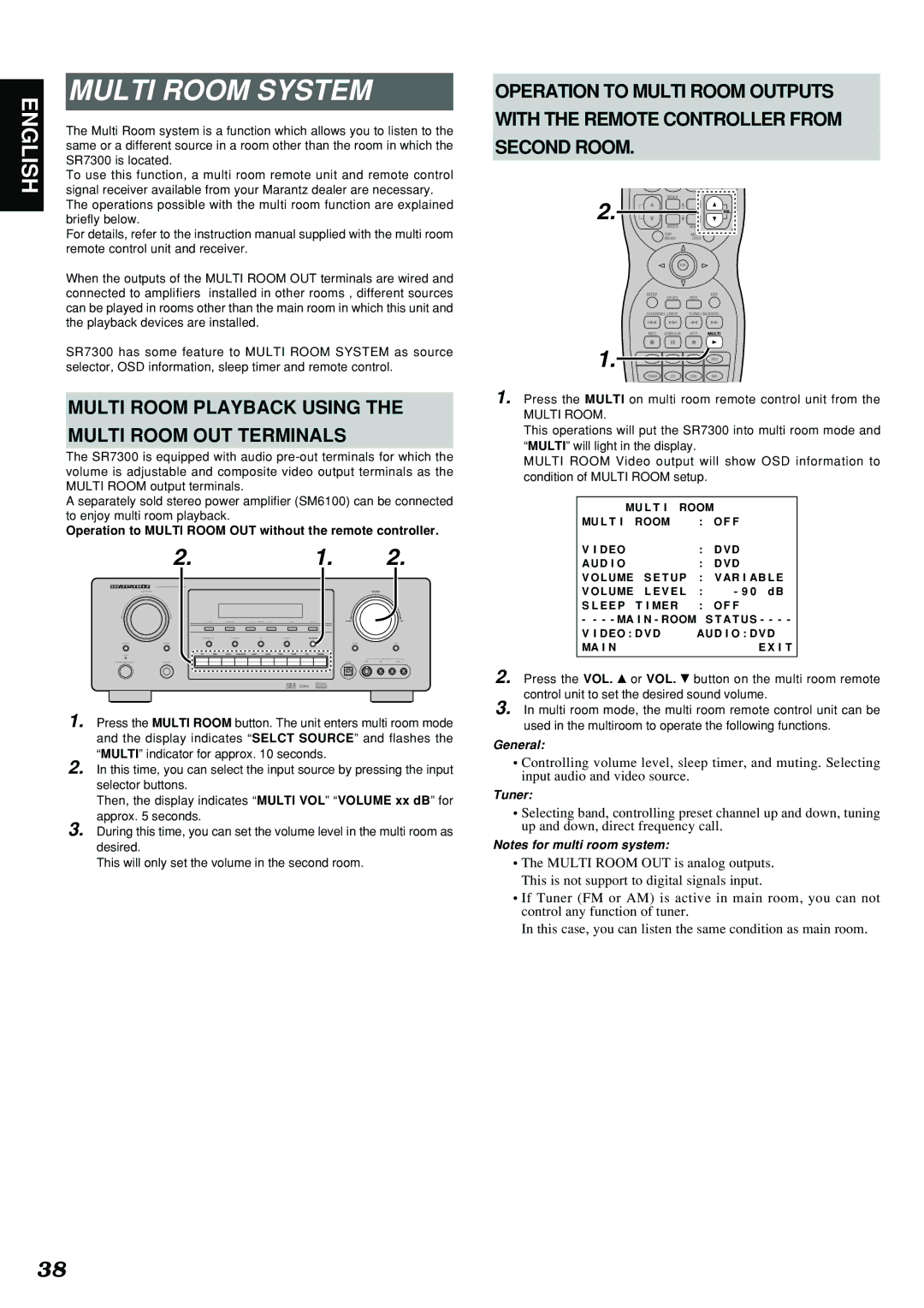 Marantz SR7300 manual Multi Room System, Multi Room Playback Using Multi Room OUT Terminals, Second Room, General, Tuner 