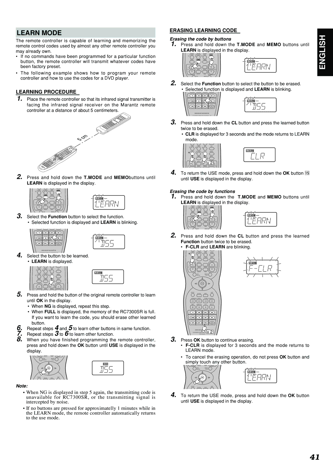 Marantz SR7300 manual Learn Mode, Learning Procedure, Erasing Learning Code, Erasing the code by buttons 