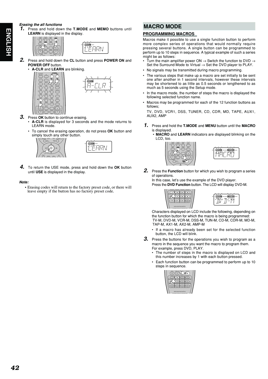 Marantz SR7300 manual Macro Mode, Programming Macros, Erasing the all functions 