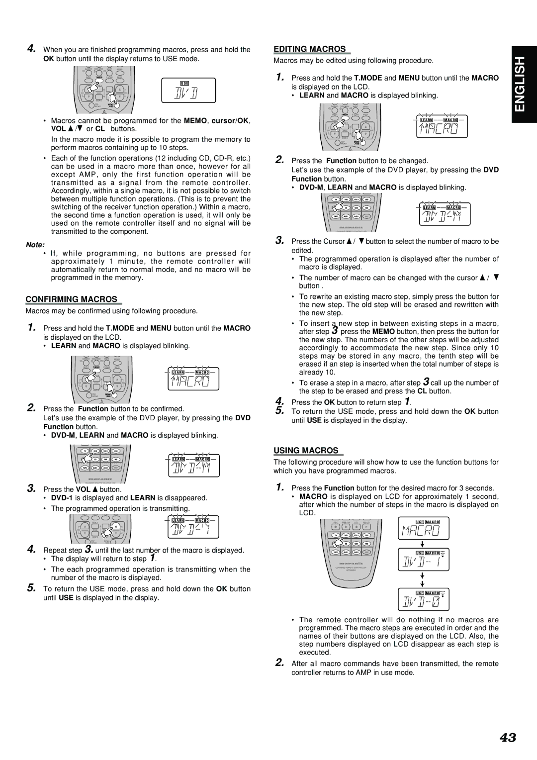 Marantz SR7300 manual Editing Macros, Confirming Macros, Using Macros 