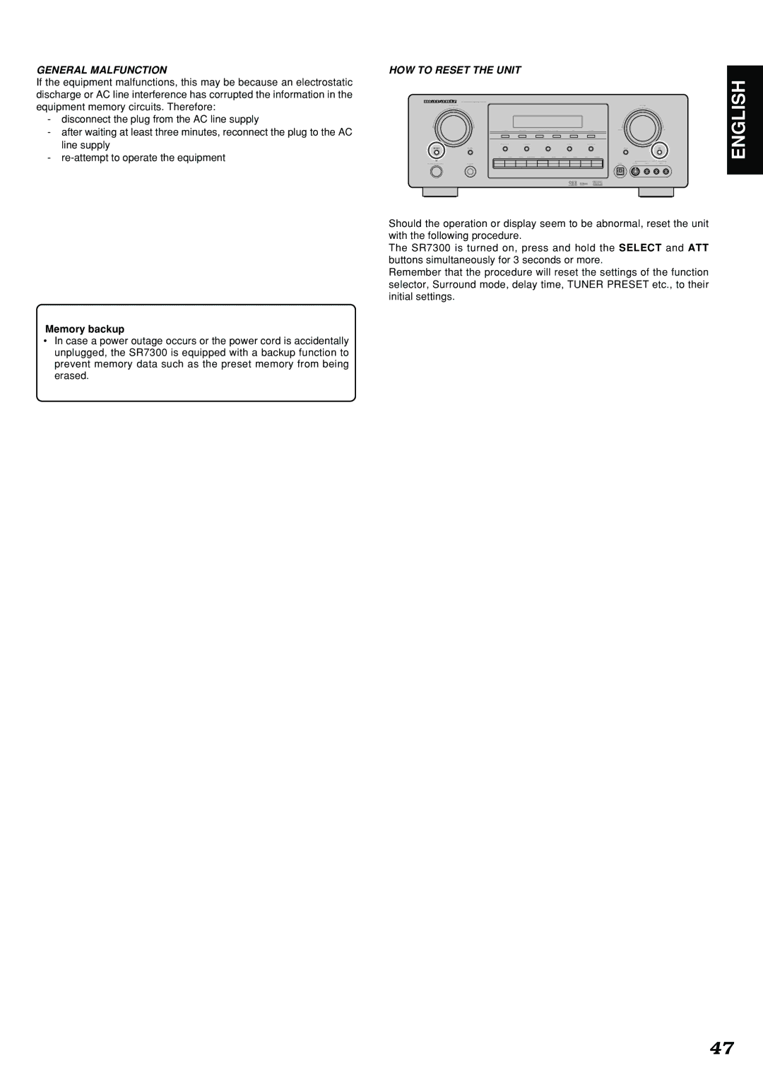 Marantz SR7300 manual General Malfunction HOW to Reset the Unit, Memory backup 