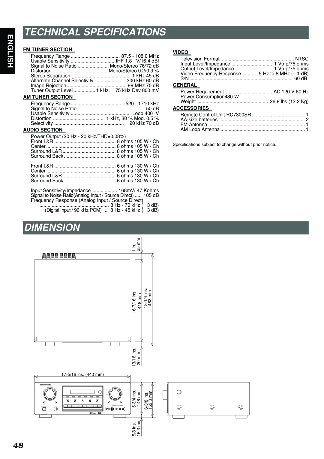 Marantz SR7300 manual Technical Specifications, Dimension 