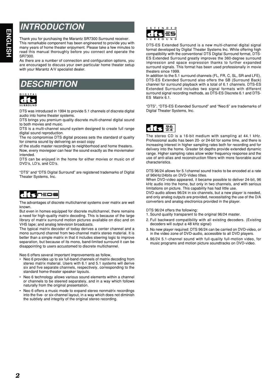 Marantz SR7300 manual Introduction, Description 