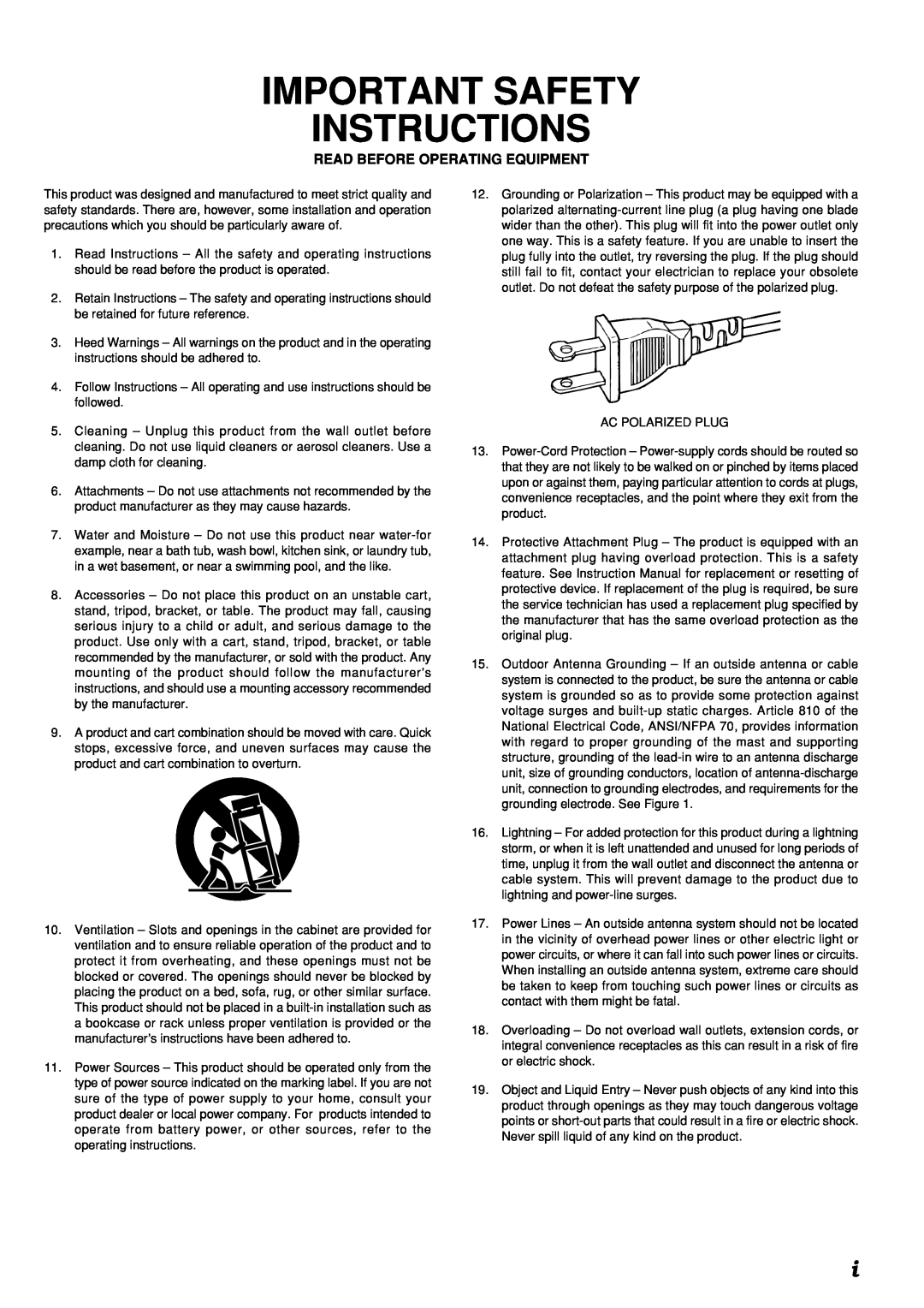Marantz SR7300 manual Important Safety Instructions, Read Before Operating Equipment 