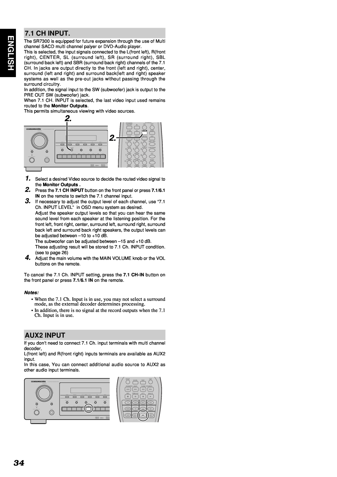 Marantz SR7300 manual English, Ch Input, AUX2 INPUT 