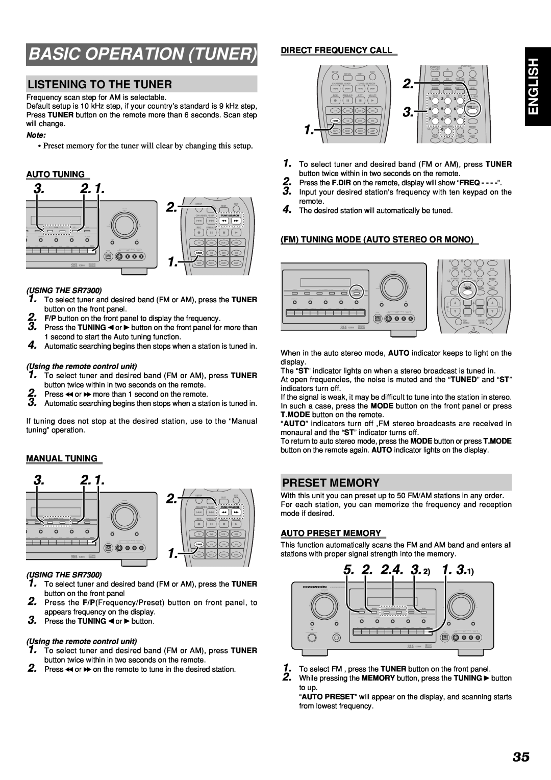 Marantz SR7300 Basic Operation Tuner, 3.2, English, Auto Tuning, Manual Tuning, Direct Frequency Call, Auto Preset Memory 