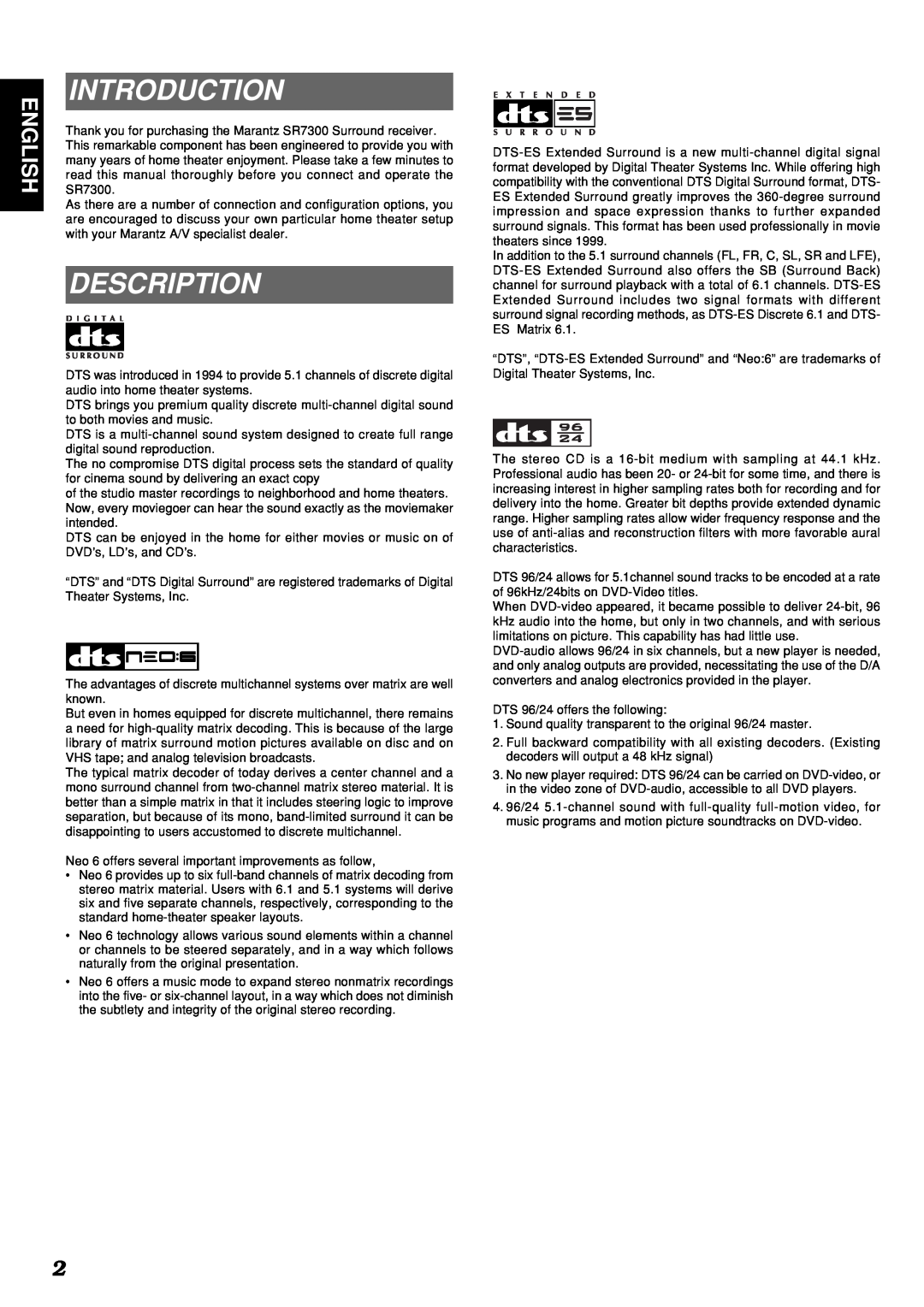 Marantz SR7300 manual Introduction, Description, English 