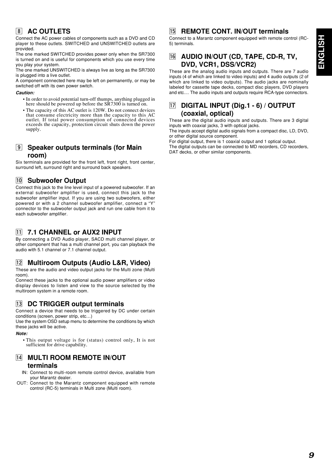 Marantz SR7300OSE manual AC Outlets, ⁄6AUDIO IN/OUT CD, TAPE, CD-R, TV DVD, VCR1, DSS/VCR2 