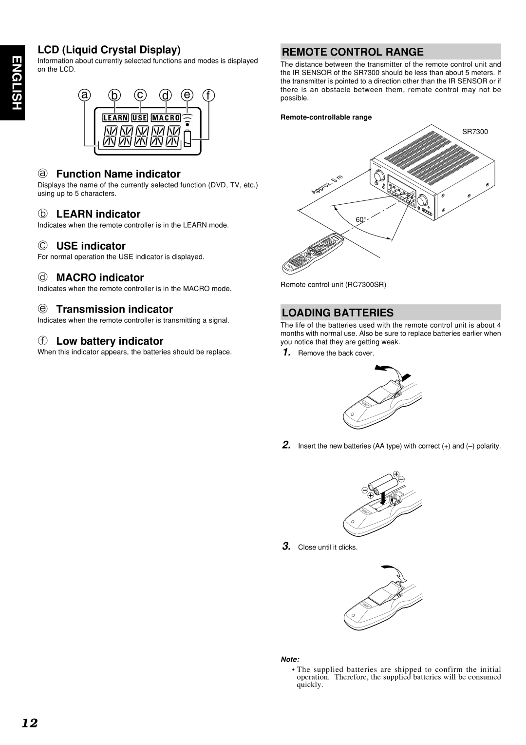 Marantz SR7300OSE manual Remote Control Range, Loading Batteries 