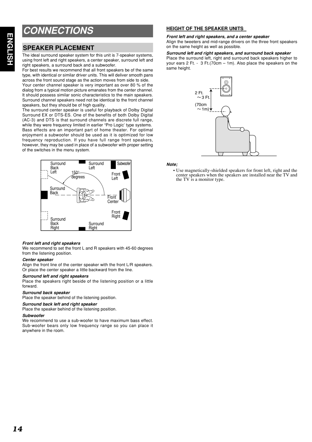 Marantz SR7300OSE manual Connections, Speaker Placement, Height of the Speaker Units 