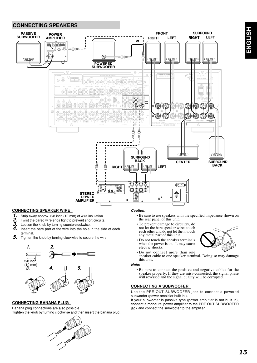 Marantz SR7300OSE manual Connecting Speakers, Connecting Speaker Wire, Connecting Banana Plug, Connecting a Subwoofer 