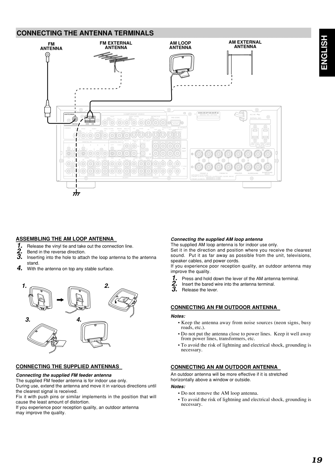 Marantz SR7300OSE manual Connecting the Antenna Terminals, Assembling the AM Loop Antenna, Connecting the Supplied Antennas 