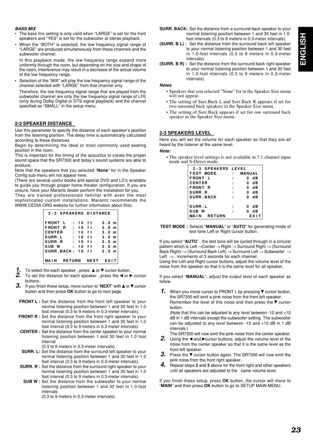 Marantz SR7300OSE manual Speaker Distance, Speakers Level 