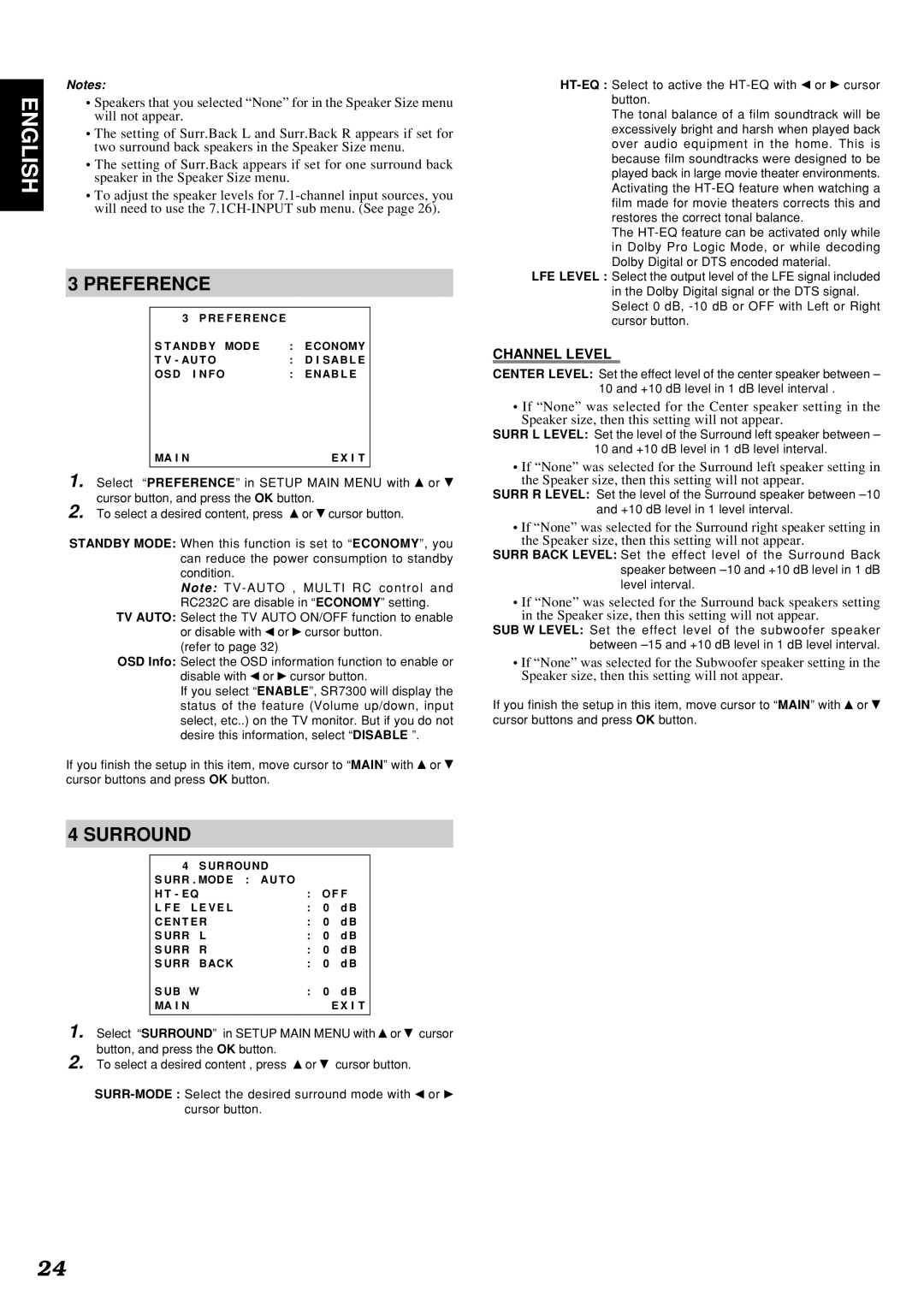 Marantz SR7300OSE manual Preference, Channel Level, Select Surround in Setup Main Menu with or 