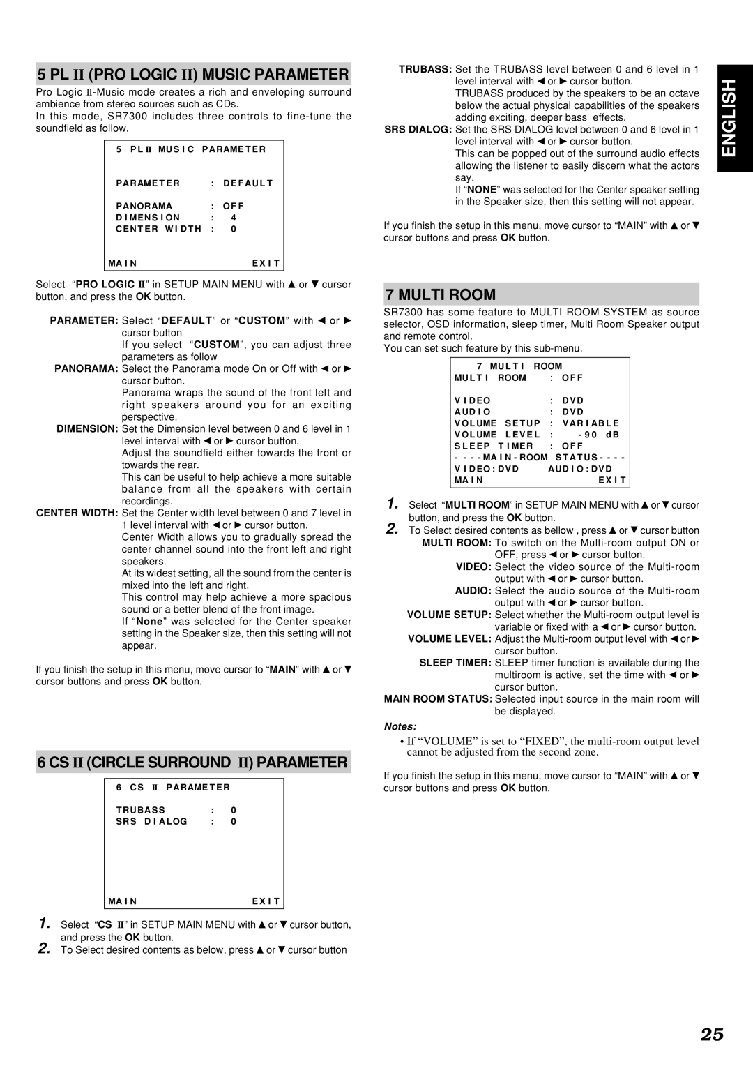 Marantz SR7300OSE manual PL II PRO Logic II Music Parameter, CS II Circle Surround II Parameter, Multi Room 