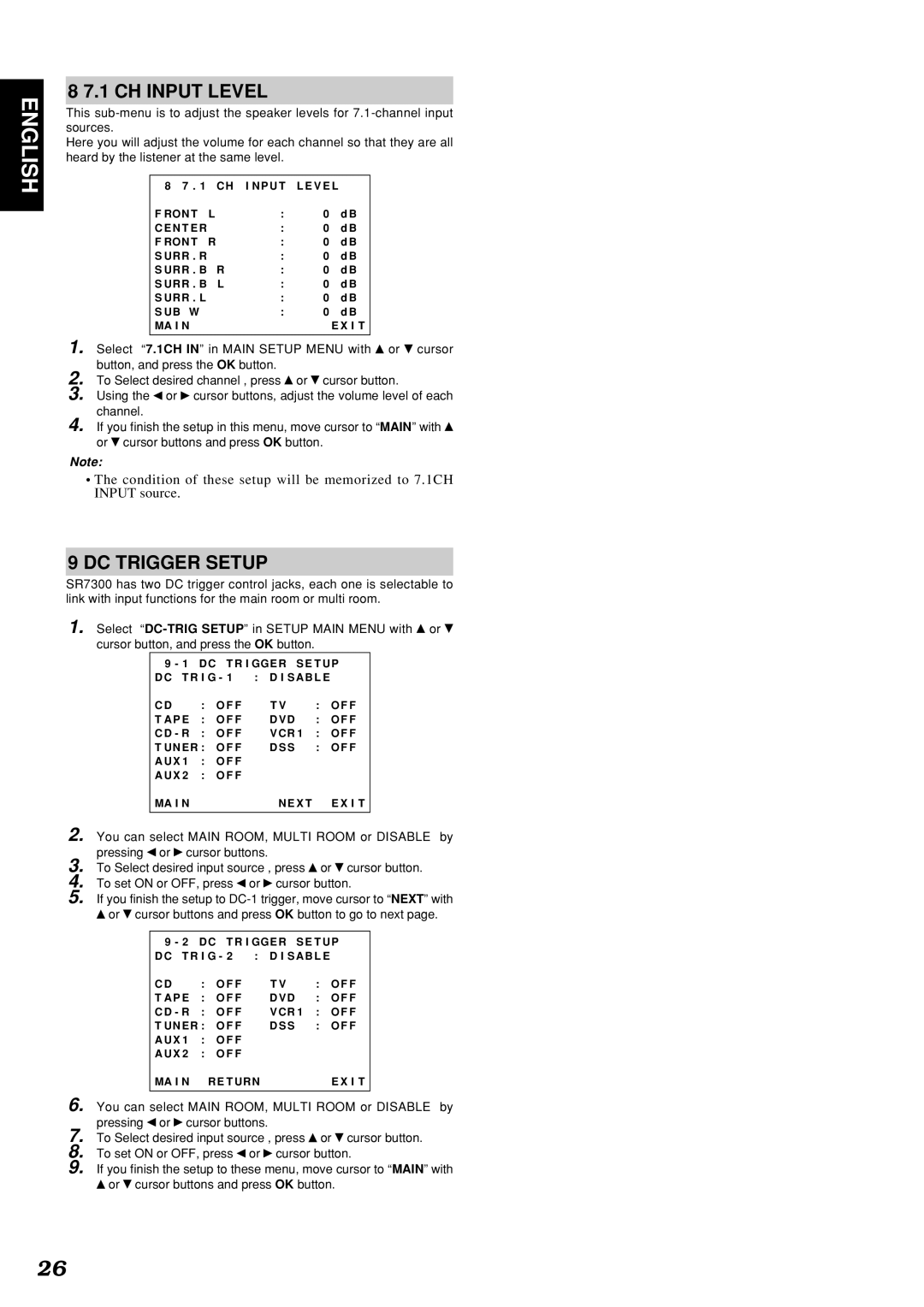 Marantz SR7300OSE manual CH Input Level, DC Trigger Setup, Select DC-TRIG Setup in Setup Main Menu with or 