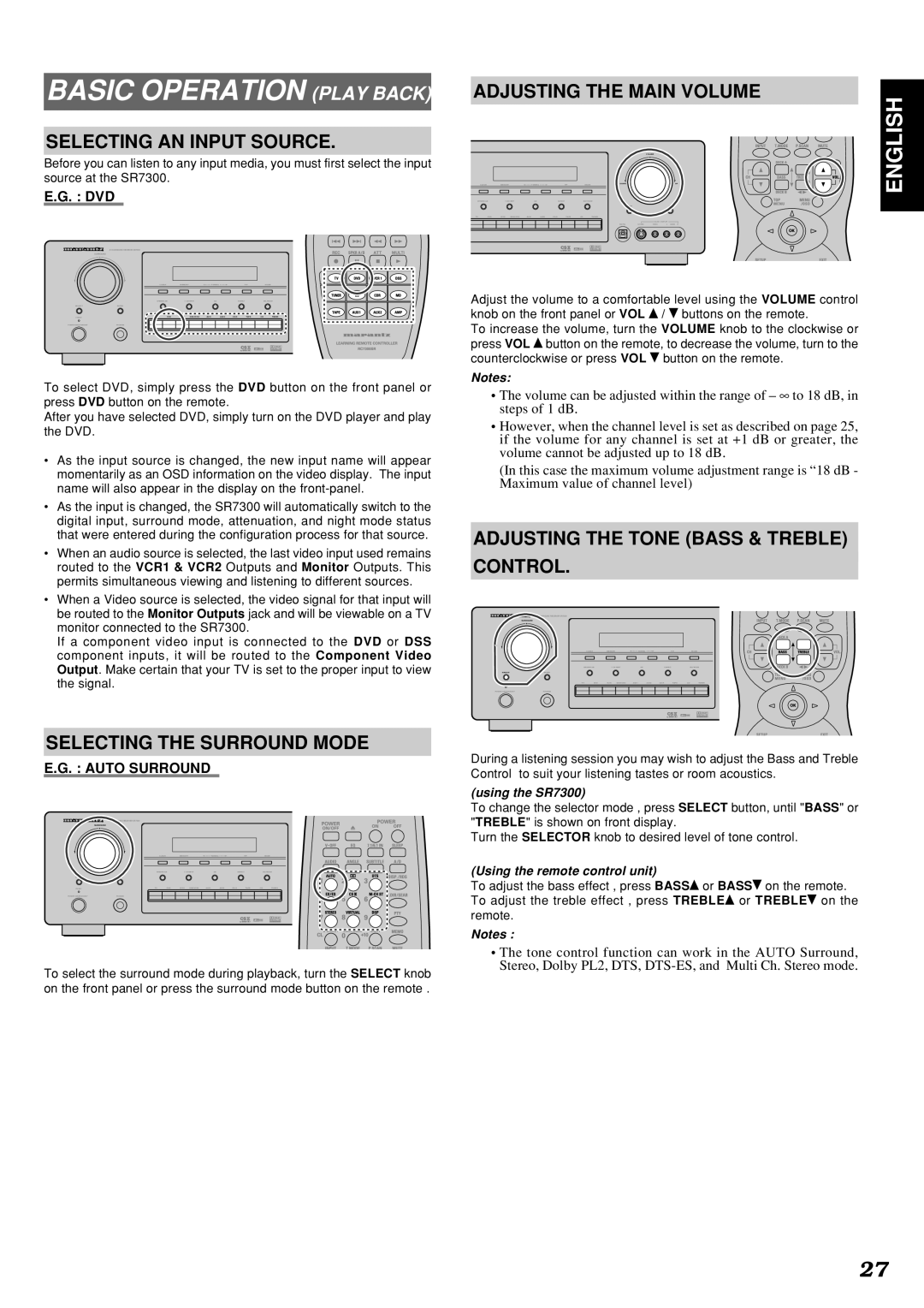 Marantz SR7300OSE manual Basic Operation Play Back, Selecting AN Input Source, Selecting the Surround Mode 