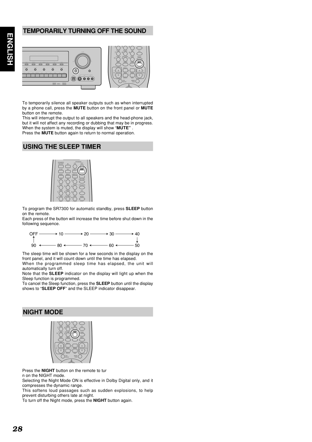 Marantz SR7300OSE manual Temporarily Turning OFF the Sound, Using the Sleep Timer, Night Mode 