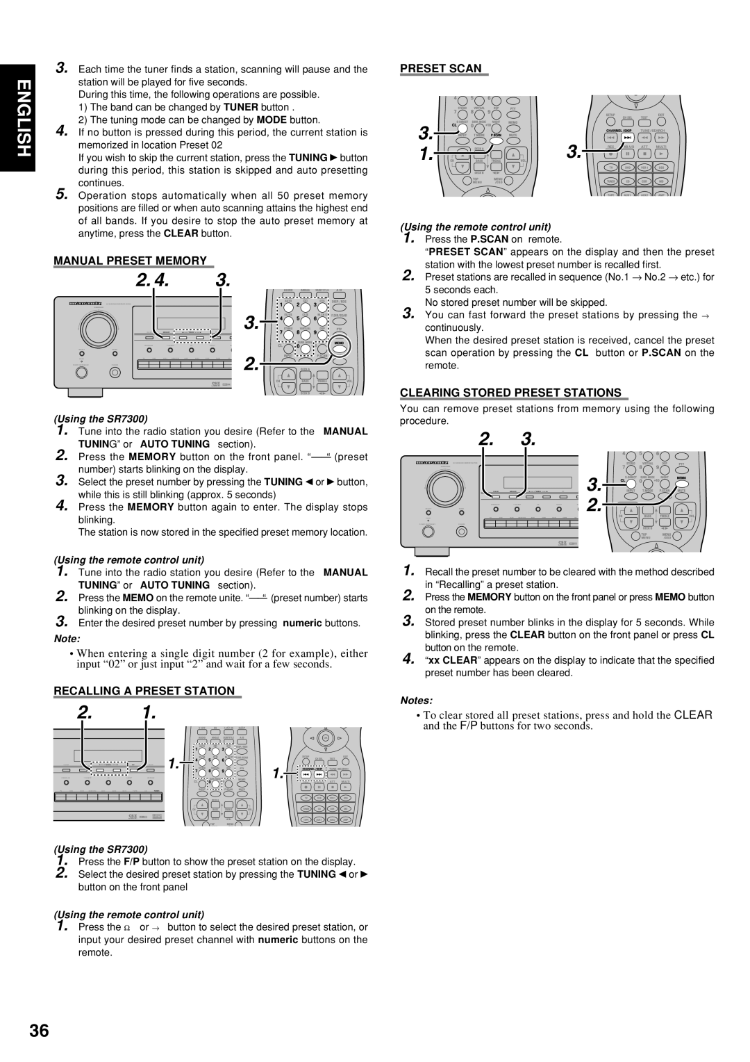 Marantz SR7300OSE manual Manual Preset Memory, Recalling a Preset Station Preset Scan, Clearing Stored Preset Stations 