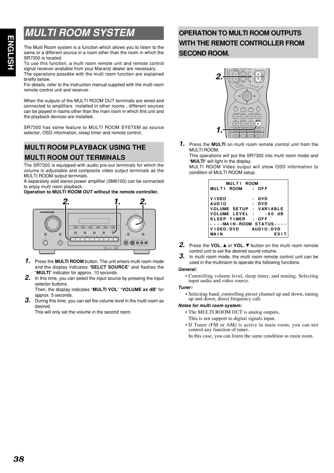 Marantz SR7300OSE manual Multi Room System, Multi Room Playback Using Multi Room OUT Terminals, Second Room, General, Tuner 