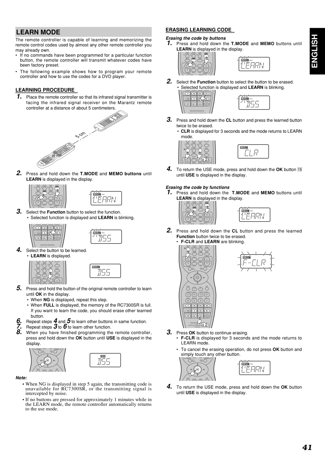 Marantz SR7300OSE manual Learn Mode, Learning Procedure, Erasing Learning Code, Erasing the code by buttons 