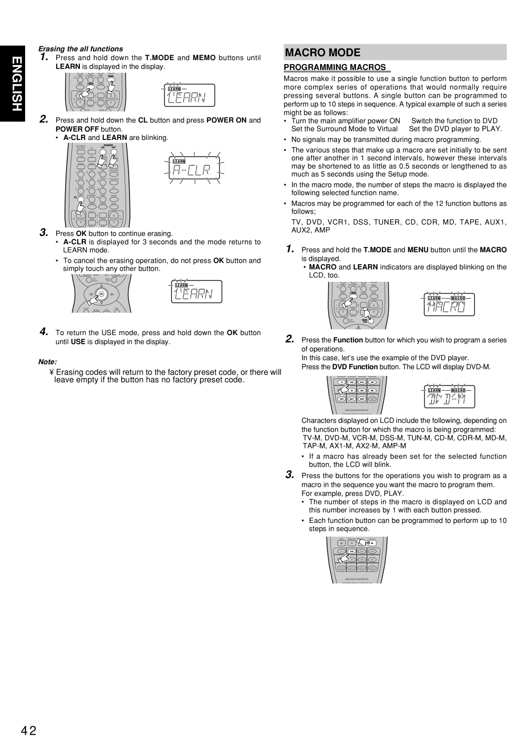 Marantz SR7300OSE manual Macro Mode, Programming Macros, Erasing the all functions 