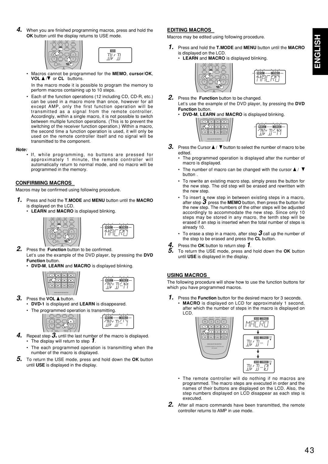 Marantz SR7300OSE manual Editing Macros, Confirming Macros, Using Macros 