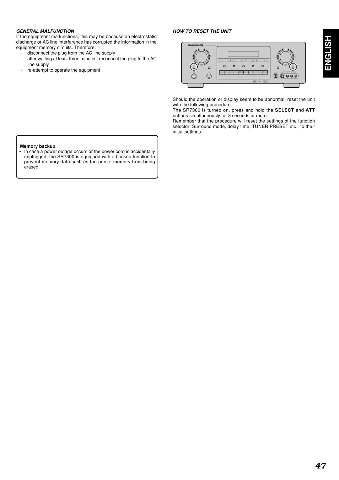 Marantz SR7300OSE manual General Malfunction HOW to Reset the Unit, Memory backup 