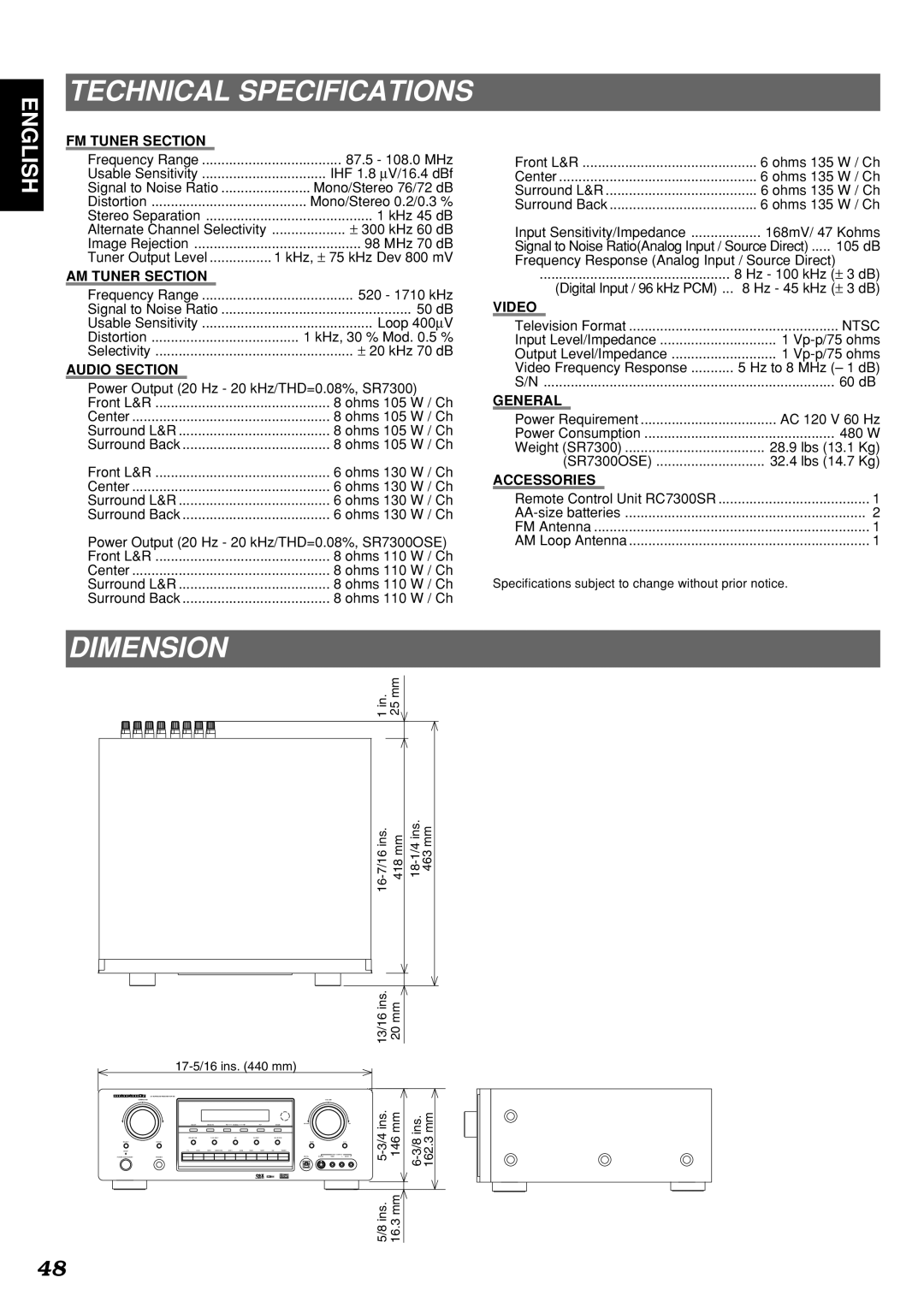 Marantz SR7300OSE manual Technical Specifications, Dimension 