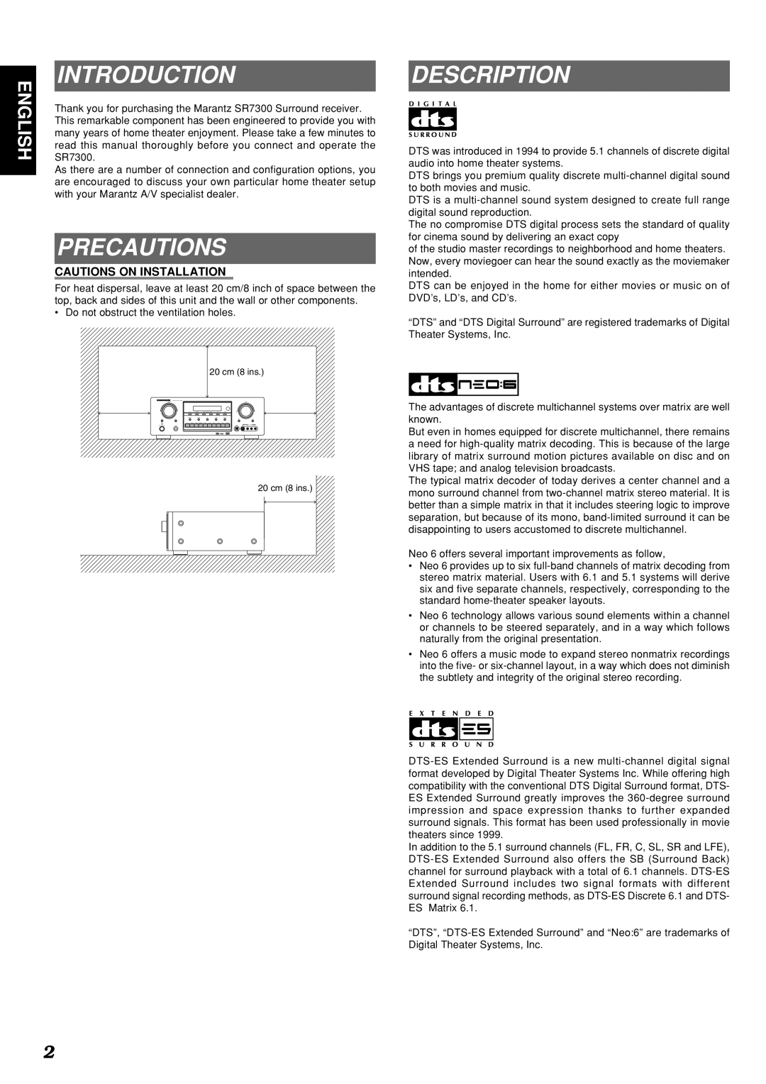 Marantz SR7300OSE manual Introduction, Precautions, Description 