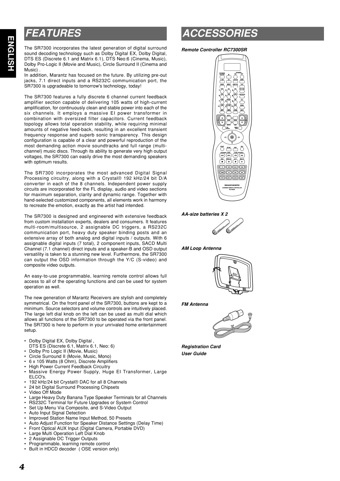 Marantz SR7300OSE manual Features, Accessories 