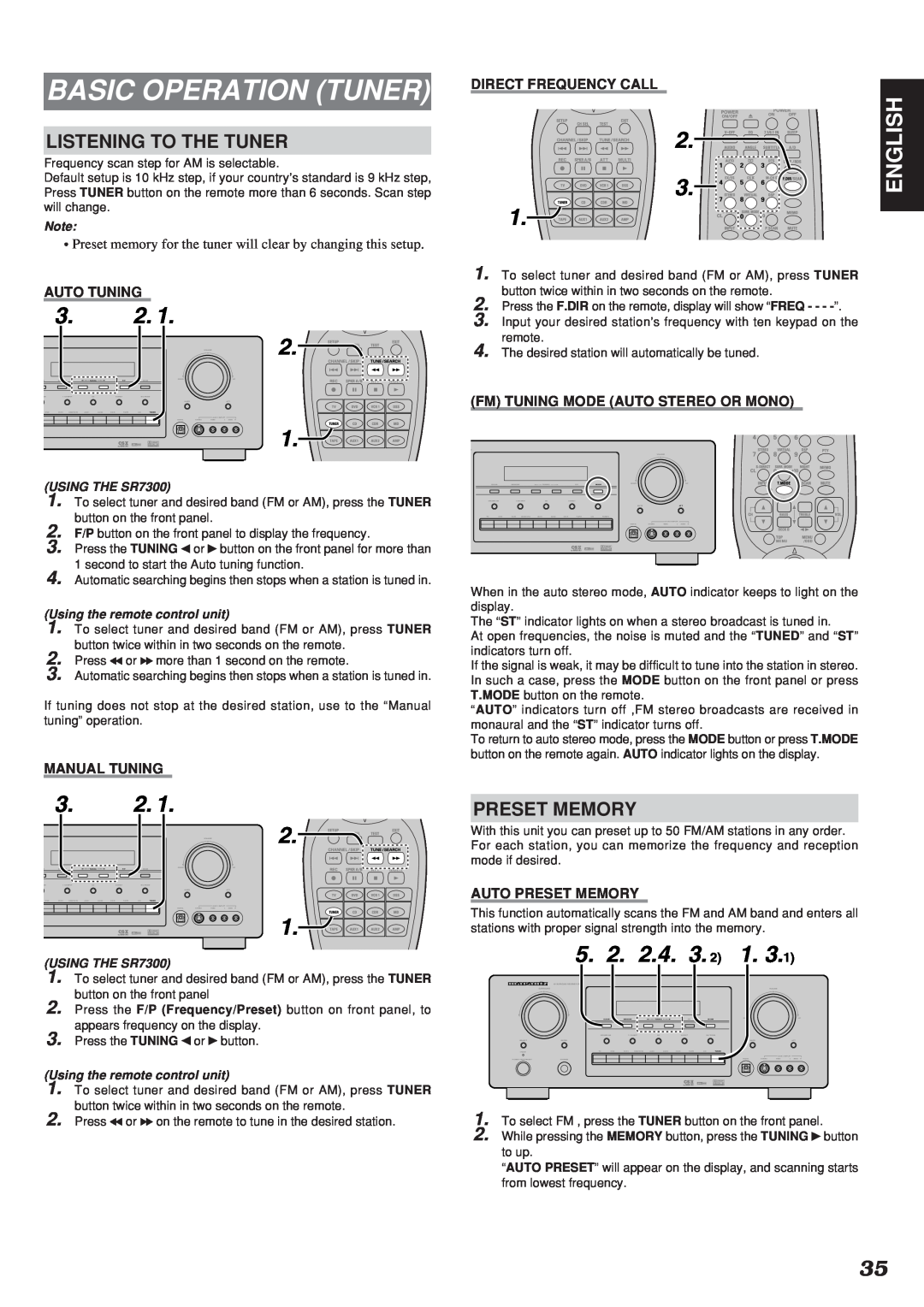 Marantz SR7300OSE manual Basic Operation Tuner, 3.2. 2, English, Auto Tuning, Manual Tuning, Direct Frequency Call 