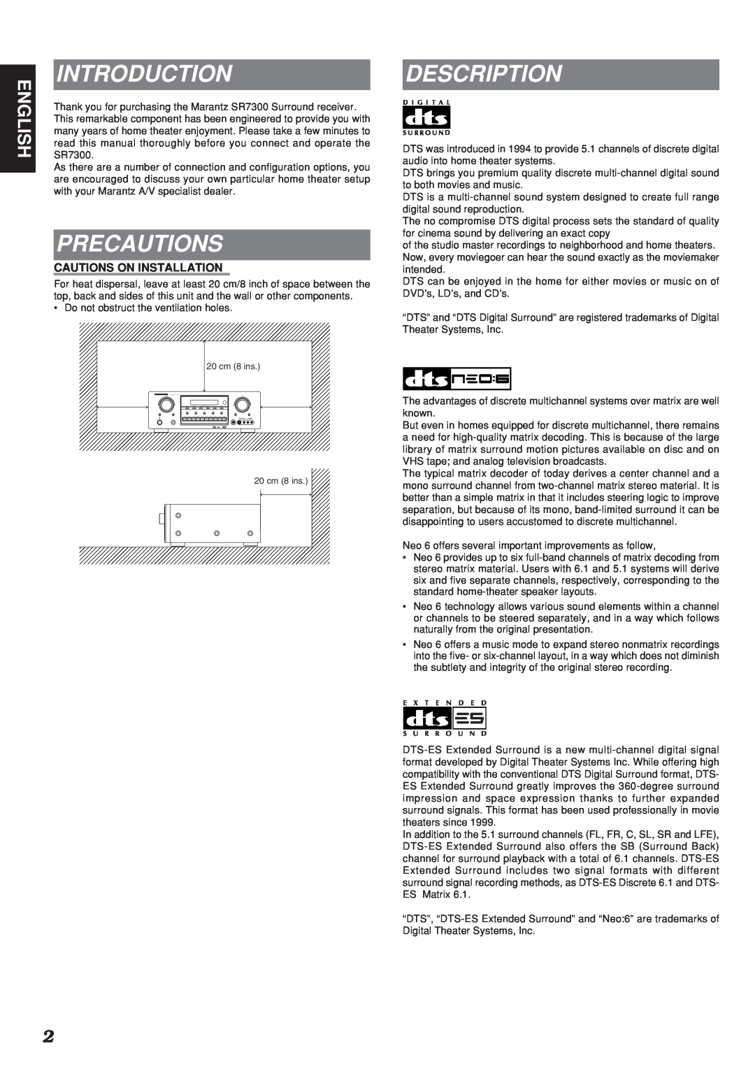 Marantz SR7300OSE manual Introduction, Precautions, Description, English, Cautions On Installation 