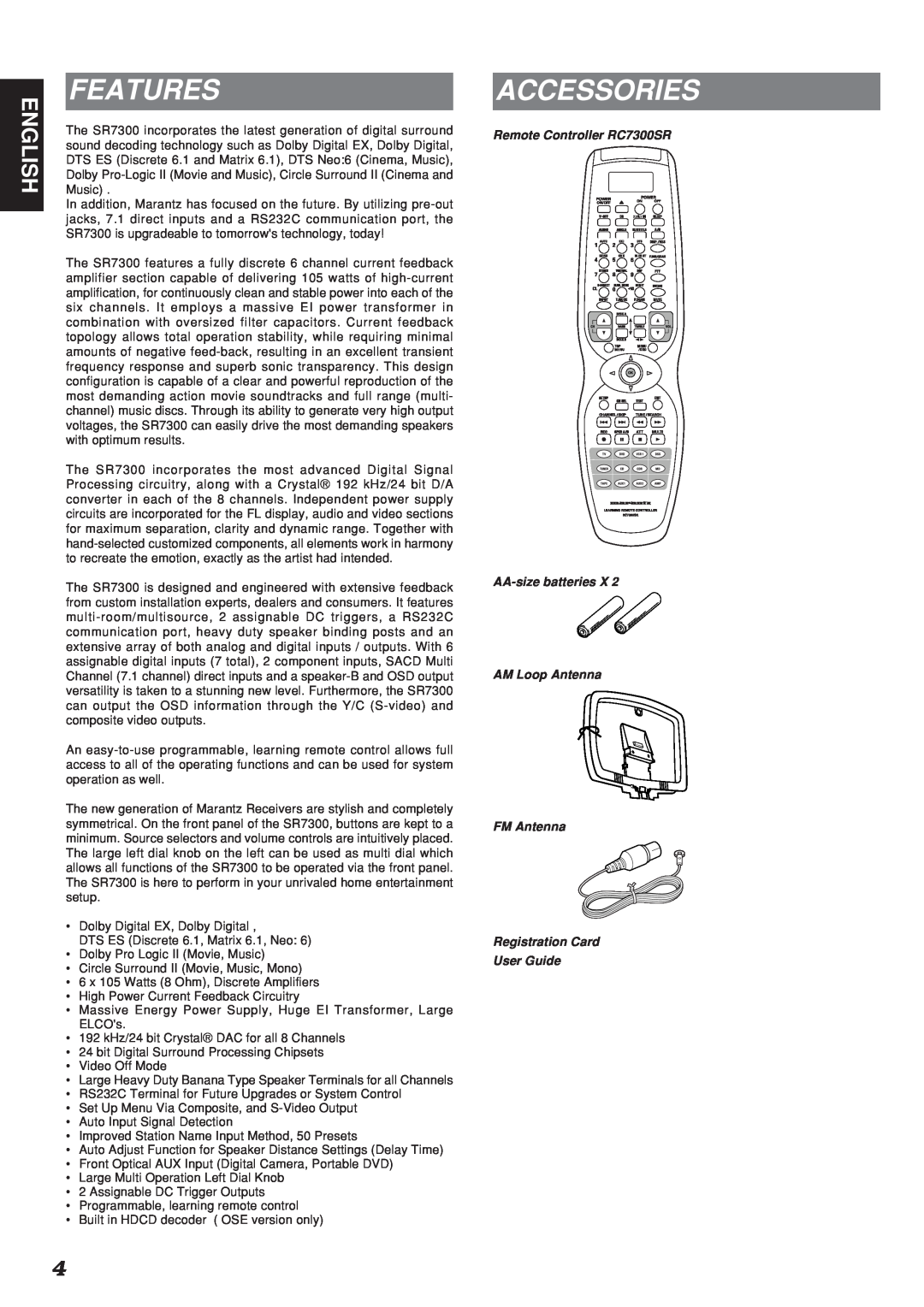 Marantz SR7300OSE manual Features, Accessories, English, Remote Controller RC7300SR, Registration Card User Guide 