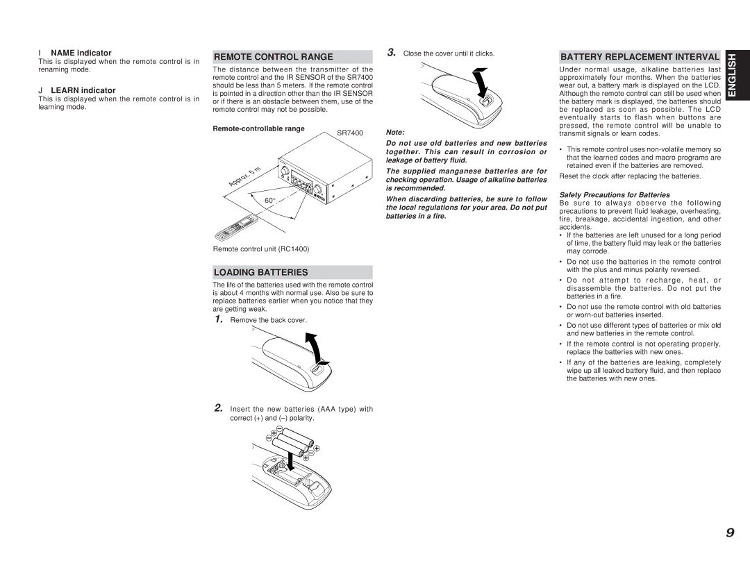 Marantz SR7400 manual Remote Control Range, Battery Replacement Interval, Loading Batteries, Remote-controllable range 